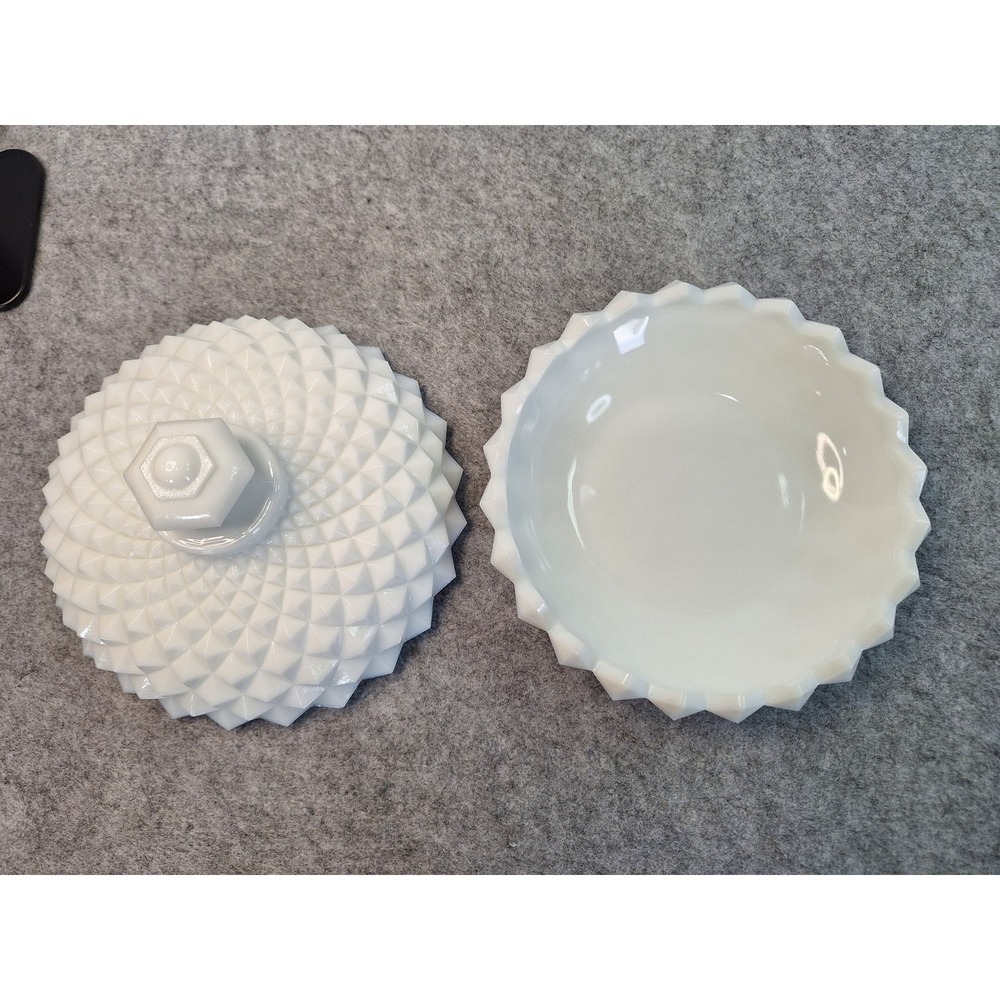Vintage White Milk Glass Hobnail Diamond Point Lidded Trinket Dish Candy Jar - Picture 3 of 6